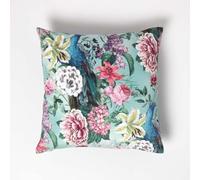 HOMESCAPES Pink & Green Reversible Velvet Floral Cushion 46 x 46 cm Filled Decorative Throw Pillow with Floral Peacock Design Cushion Insert Included