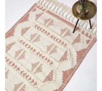HOMESCAPES Pink & Natural Handwoven Kilim Rug 160 x 230 cm Wool & Cotton Living Room Area Rug ‘Satara’ with Traditional Tufted Geometric Pattern & Tassels