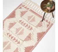 HOMESCAPES Pink & Natural Handwoven Kilim Rug 90 x 150 cm Wool & Cotton Living Room Area Rug ‘Satara’ with Traditional Tufted Geometric Pattern & Tassels