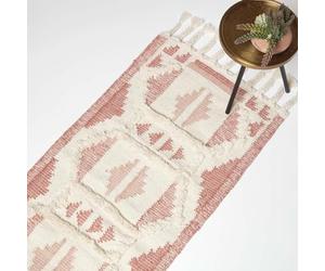 HOMESCAPES Pink & Natural Handwoven Kilim Rug Carpet Runner for Hallway 66 x 200 cm Traditional Tufted Geometric Pattern ‘Satara’ Wool & Cotton Rug with Tassels