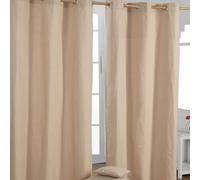 HOMESCAPES Natural Beige Eyelet Curtain Pair 137cm (54") Wide x 228cm (90") Drop Plain Heavy Unlined Curtains