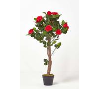 Potted Rose Tree Artificial Plant with lifelike green leaves, 90 cm Homescapes Red One Size