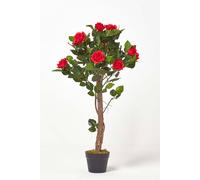Potted Rose Tree Artificial Plant with lifelike green leaves, 90 cm Homescapes Red One Size