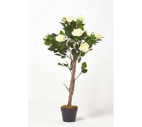 Homescapes Potted Rose Tree Artificial Plant with lifelike green leaves, 90 cm in White Homescapes White