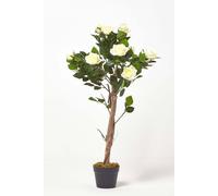 Potted Rose Tree Artificial Plant with lifelike green leaves, 90 cm Homescapes White One Size