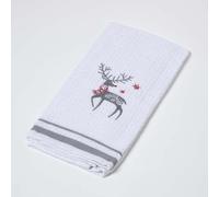 HOMESCAPES Premium Christmas Tea Towels, 100% Cotton Kitchen Dish Towels, Super Soft & Absorbent for Drying Cleaning Baking, Festive White & Grey Xmas Stag, Washable T Towels - 45 x 70 cm