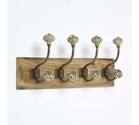 HOMESCAPES Premium Coat Hooks Wall Mounted, Heavy Duty Hooks for Hanging, Elegant Green Stoneware, Sturdy & Strong Iron and Wood, Premium Coat Hangers for Scarves, Handbags, Keys & pet Accessories