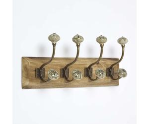 HOMESCAPES Premium Coat Hooks Wall Mounted, Heavy Duty Hooks for Hanging, Elegant Green Stoneware, Sturdy & Strong Iron and Wood, Premium Coat Hangers for Scarves, Handbags, Keys & pet Accessories