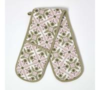 HOMESCAPES Premium Oven Gloves Heat Resistant, 100% Cotton, Green & Pink Motif, Heavy Duty Double Oven Mitts, Durable Potholders for Chefs, Kitchen, Cooking, Baking & Grilling