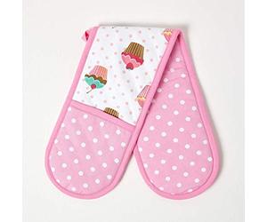 HOMESCAPES - Pure Cotton Double Oven Glove - Cup Cakes - Pink Blue - 18 x 84 cm - Fully Coordinated Washable Kitchen Linen