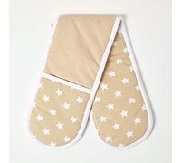 HOMESCAPES - Pure Cotton Double Oven Glove - Stars - Beige White - 18 x 84 cm - Fully Coordinated Washable Kitchen Linen