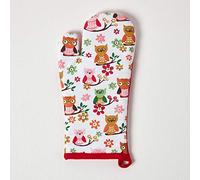 HOMESCAPES - Pure Cotton Oven Glove - Owls - Red Blue - 18 x 32 cm - Fully Coordinated Washable Kitchen Linen