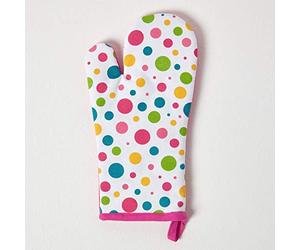 HOMESCAPES - Pure Cotton Oven Glove - Polka Dot Multi Colour - Pink Yellow Blue Green - 18 x 32 cm - Fully Coordinated Washable Kitchen Linen
