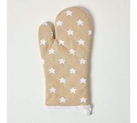 HOMESCAPES - Pure Cotton Oven Glove - Stars - Beige White - 18 x 32 cm - Fully Coordinated Washable Kitchen Linen