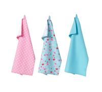 HOMESCAPES - Pure Cotton Tea Towels Set of Three - Birds and Flowers - Pink Blue - 50 x 70 cm - Fully Coordinated Washable Kitchen Linen