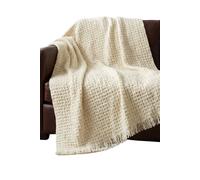 Homescapes Pure Handmade 100% Wool Heavyweight Waffle Bed & Sofa Throw Blanket In Cream Cream