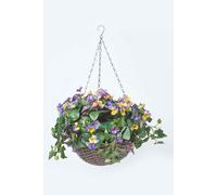 HOMESCAPES Purple and Yellow Pansy Artificial Hanging Basket Lifelike Hanging Plant For Indoor and Outdoor Decoration Trailing Flowers In Brown Wicker Pot with Silver Metal Chain and Hook 60 cm Long