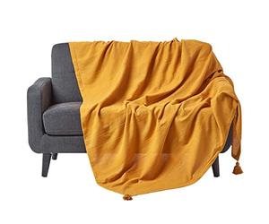 HOMESCAPES - Rajput Ribbed Throw - 100 x 140 Inches - Mustard Yellow - Handmade 100% Cotton - Suitable for large 3 Seater Sofas - Double & King Size Bedspreads - Easy care washable at home,