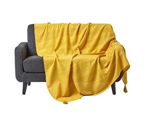 HOMESCAPES - Rajput Ribbed Throw 100 x 140 Inches Yellow 100% Cotton, Suitable for most 3 Seater Sofas or Double, King bedspreads, Easy care, washable at home.