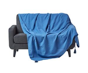 HOMESCAPES - Rajput Ribbed Throw - 60 x 80 Inches - Plain Blue - Handmade 100% Cotton - Suitable for most 2 Seater Sofas - Single bedspreads - Easy care washable at home