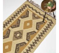 Homescapes Ravar Brown & Gold Kilim Wool Rug 120 X 170 Cm