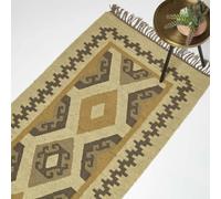 HOMESCAPES Ravar Brown & Gold Kilim Wool Rug - 80 x 180 cm
