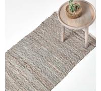 HOMESCAPES Real Leather Handwoven Diamond Pattern Rug - 66 x 200 cm - Grey