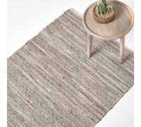 HOMESCAPES Real Leather Handwoven Diamond Pattern Rug - 90 x 150 cm - Grey