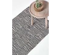 Real Leather Handwoven Striped Block Check Hall Runner, 66 x 200 cm Homescapes Black 66cm x 200cm
