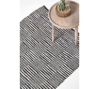 Homescapes Real Leather Handwoven Striped Block Check Rug Multi