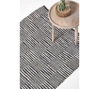 HOMESCAPES Black & White Real Leather Handwoven Striped Block Check Rug - 150 x 240 cm