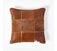 HOMESCAPES Recycled Leather and Goat Hair Cushion with Feather Insert 45 x 45 cm Square - 18 x 18 Inches - Tan Brown Large Check Pattern Alpine Style Sofa Cushion