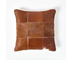 HOMESCAPES Recycled Leather and Goat Hair Cushion with Feather Insert 45 x 45 cm Square - 18 x 18 Inches - Tan Brown Large Check Pattern Alpine Style Sofa Cushion