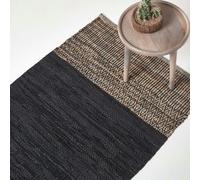 HOMESCAPES Recycled Leather Handwoven Herringbone Rug - Black - 150 x 240 cm