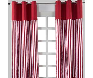 HOMESCAPES Red - 1” Thick Stripe - Eyelet Curtain Pair 117cm (46") Wide x 137cm (54") Drop 100% Cotton Ring Top Striped Curtains