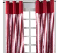 HOMESCAPES Red - 1” Thick Stripe - Eyelet Curtain Pair 137cm (54") Wide x 182cm (72") Drop 100% Cotton Ring Top Striped Curtains