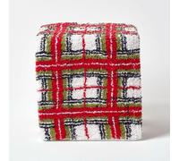 HOMESCAPES Red and White Tartan Pattern Tufted Cotton Cube Pouffe - 36 x 36 x 38 cm