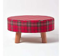 HOMESCAPES Red Green White Traditional Tartan Oval Stool with Legs - 62 x 62 x 30 cm