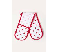 HOMESCAPES - Pure Cotton Double Oven Glove - Hearts - Red Pink - 18 x 84 cm - Fully Coordinated Washable Kitchen Linen
