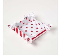 HOMESCAPES Reversible Bread Basket Double Design Fabric Red Hearts pattern Foldable Basket for Buns Eggs Baked Goods 100% Cotton Cover