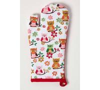 HOMESCAPES - Pure Cotton Oven Glove - Owls - Red Blue - 18 x 32 cm - Fully Coordinated Washable Kitchen Linen