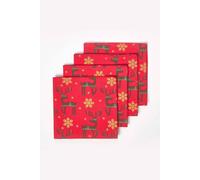 HOMESCAPES Set of 4 Red Napkins Reindeer Pattern 45 x 45 cm 100% Cotton Christmas “Red Reindeer” Xmas Napkin Set