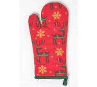 HOMESCAPES Red Oven Glove 100% Cotton Christmas Oven Mitt with Reindeer Xmas Pattern
