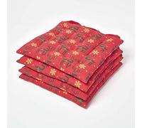 HOMESCAPES Red Seat Pads Set of 4 Christmas Reindeer Pattern Dining Chair Cushions with Straps 100% Cotton 40 x 40 cm