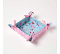 HOMESCAPES Reversible Bread Basket Double Design Fabric Birds & Flowers Foldable Basket for Buns Eggs Baked Goods 100% Cotton Cover