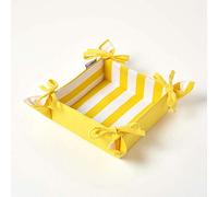 HOMESCAPES Reversible Bread Basket Double Design Fabric Yellow Striped Pattern Foldable Basket for Buns Eggs Baked Goods 100% Cotton Cover