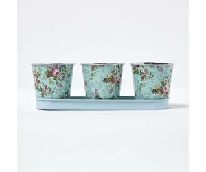 HOMESCAPES Rose Pattern Herb Pots with Tray - Set of 3, Outdoor Indoor Herb Pots for Kitchen Windowsill - Grow Fresh Herbs in Small Plant Pots with Stylish Rose Design Herb Planter