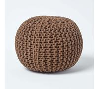 HOMESCAPES Round Cotton Knitted Pouffe Footstool Bean Filled Hand Knitted - Chocolate