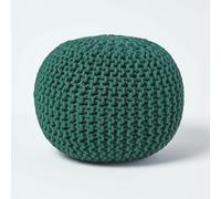 HOMESCAPES Round Cotton Knitted Pouffe Footstool Bean Filled Hand Knitted - Forest Green