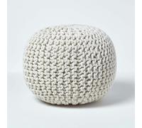 HOMESCAPES Round Cotton Knitted Pouffe Footstool Bean Filled Hand Knitted - Natural